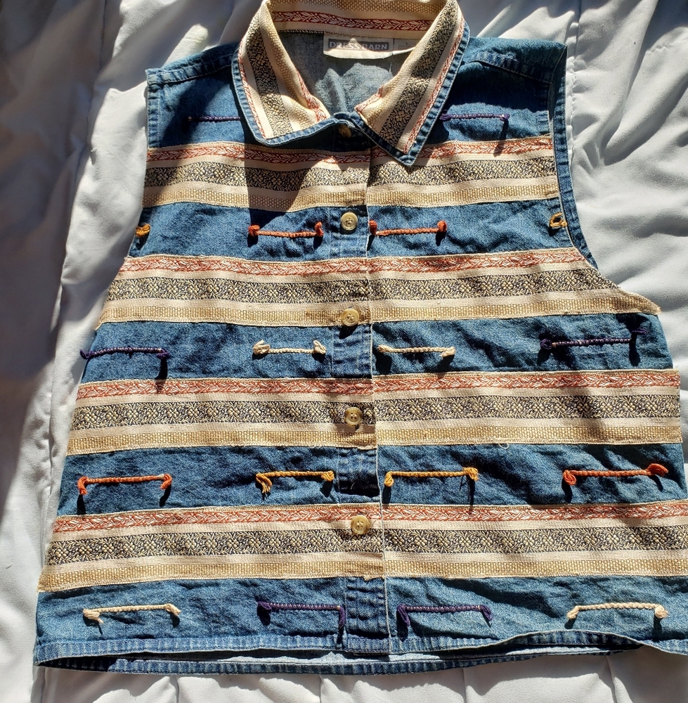 Dress Barn Striped Rope Denim Unique Vest L Renfaire Bohemian Hippie